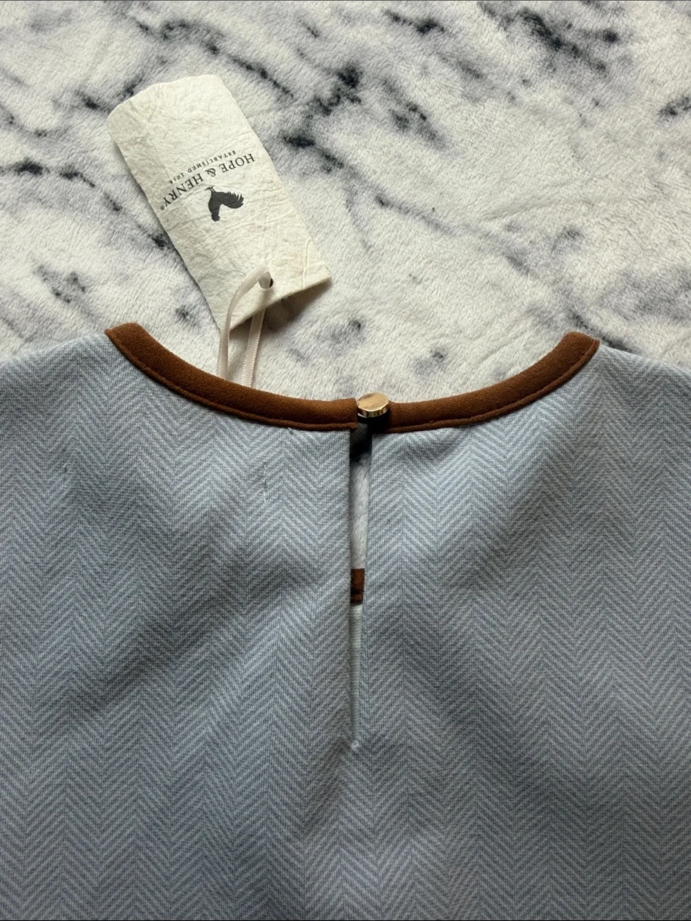 Hope & Henry Little Girls Light Blue Ponte A-Line Dress with Brown Trim Size 6.